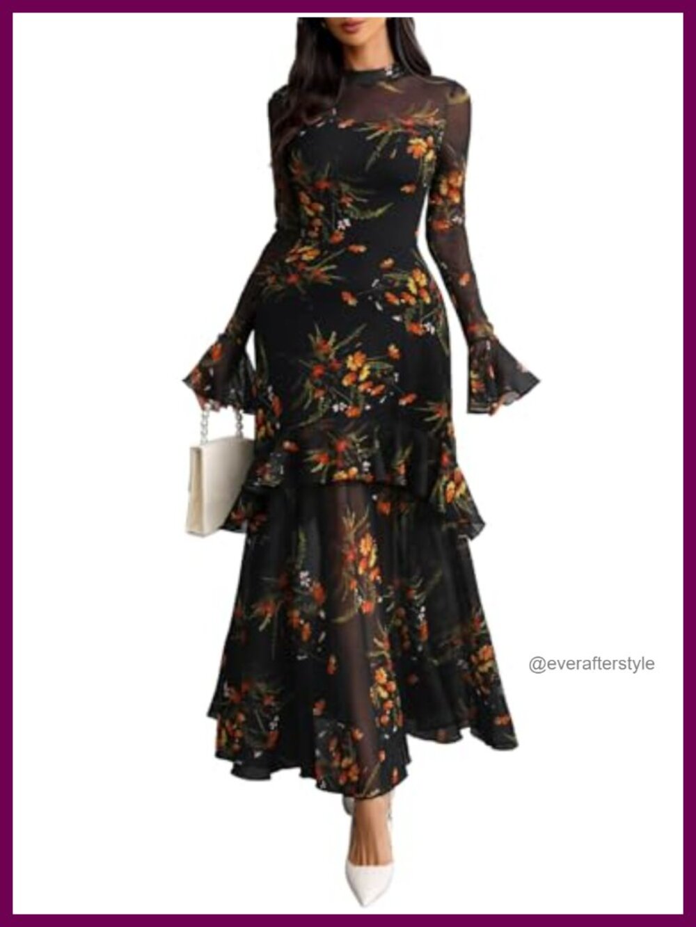 Women's Floral Mesh Maxi Dress Mermaid Bell Sleeve Wedding Guest